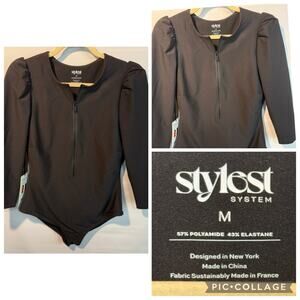 STYLEST DREAMSCULPT  Puff Sleeve Zip-Up One-Piece Swimsuit Black SZ M NWT